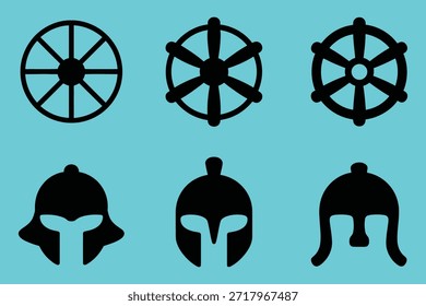 Schwarze Räder und Helme auf blauem antikem Symbol