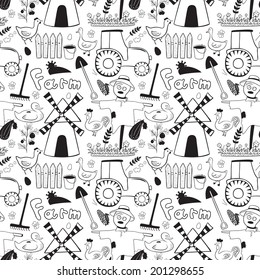 Black and whete vector seamless pattern cute farm elements in doodle style