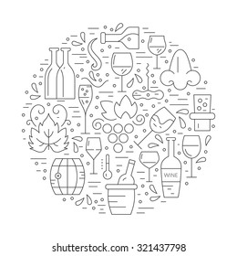 Black and whie linear style wine design elements in circle shape - corckscrew, bottles, glasses, wine splashes. Vineyard vector.