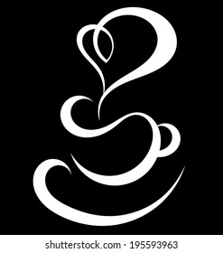 Black and while abstract cup of coffee with heart shaped steam. Simple line graphic sign for menu. 