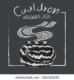 Black and while line-illustration, vector, of a cauldron. The smoke is removeable.