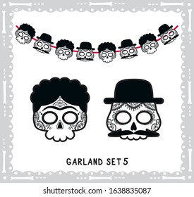 Black and whire sugar skulls set for Dia de los Muertos party garland. Hand drawn ornaments. Vector collection for print and cut.