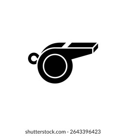 Black whistle icon illustration displaying its loop, mouthpiece, and shape; an essential symbol for refereeing, coaching, safety, and sporting events. Simple and detailed design.