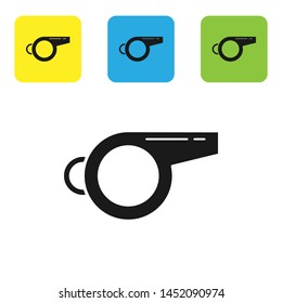 Black Whistle icon isolated on white background. Referee symbol. Fitness and sport sign. Set icons colorful square buttons. Vector Illustration