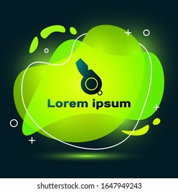 Black Whistle icon isolated on black background. Referee symbol. Fitness and sport sign. Abstract banner with liquid shapes. Vector Illustration