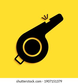 Black Whistle icon isolated on yellow background. Referee symbol. Fitness and sport sign. Long shadow style. Vector.
