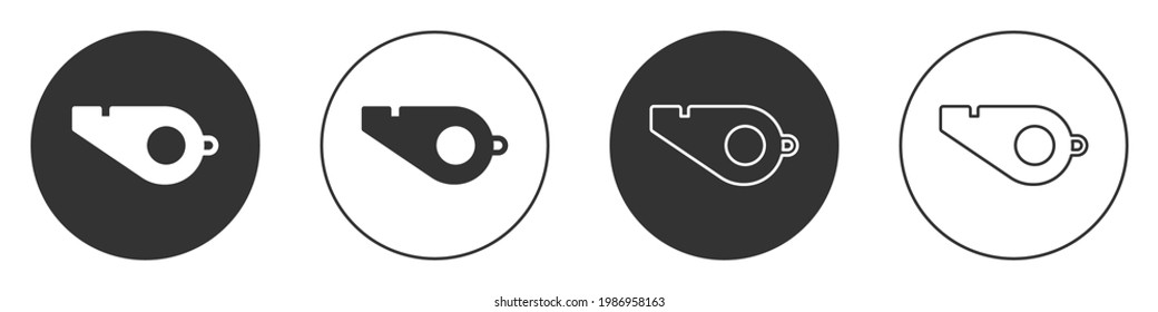 Black Whistle icon isolated on white background. Referee symbol. Fitness and sport sign. Circle button. Vector Illustration