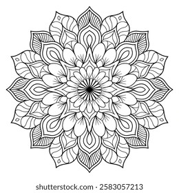 A black and whit mandala flower coloring page line art