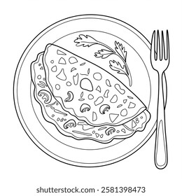 A black and whit vector illustration of a plate with a omelette 