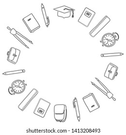 Black and white. 1 September and Back to school. Round frame of school supplies. Literacy day. Coloring. Vector.