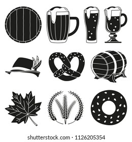 Black and white 10 oktoberfest elements silhouette set. Beer festival collection. Autumn festive vector illustration for icon, sticker, patch, label, badge, certificate or banner decoration