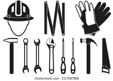 Black and white 11 handyman tools silhouette set. Simple toolkit for home repair. Construction themed vector illustration for icon, sticker, patch, label, sign, badge, certificate or flayer decoration