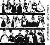 Black and white 1700-1800 fashion silhouettes - vector, illustration
