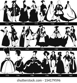 Black and white 1700-1800 fashion silhouettes - vector, illustration