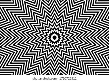 Black and white 18 pointed star, hypnotic monochromatic background