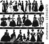 Black and white 1800-1900 fashion silhouettes are dancing and walking, vector, illustration