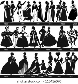 Black and white 1800-1900 fashion silhouettes are dancing and walking, vector, illustration