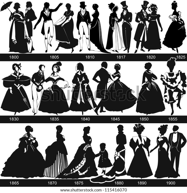 Black and white 1800-1900 fashion\
silhouettes are dancing and walking, vector,\
illustration