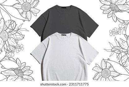 black and white 2 blank t shirt mockup design in white and sketch type flower asethetic background to showcage your design 