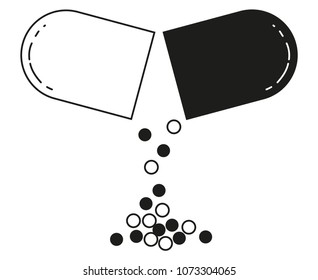 Black and white 2 color open pill medicine silhouette. Healthcare themed vector illustration for icon, sticker, sign, patch, certificate badge, gift card, stamp logo, label, poster, web banner
