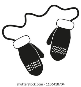 Black and white 2 connected winter gloves silhouette. Knitted warm clothing for christmas time. New year themed vector illustration for icon, stamp, label, badge, certificate or gift card decoration