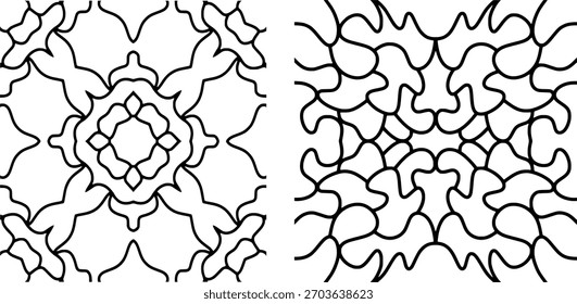 2 patrones de mandala en blanco y negro para colorear páginas y dibujos decorativos de diseño textil
