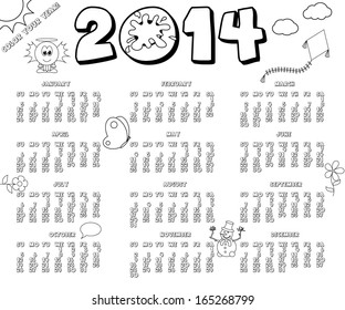 Black and white 2014 calendar in coloring book style