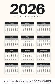 Black and white 2026 monthly calendar planner with clean a4 printable layout