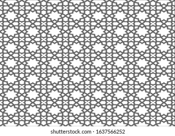 Black and white 2D CAD drawing of Islamic pattern. Islamic patterns use elements of geometry that are repeated in their designs.