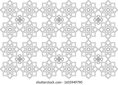 Black and white 2D CAD drawing of Islamic pattern. Islamic patterns use elements of geometry that are repeated in their designs.