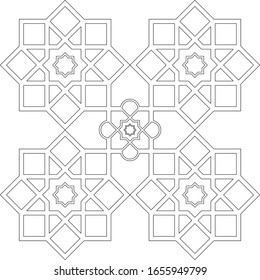 Dibujo CAD en 2D en blanco y negro de un patrón islámico. Los patrones islámicos usan elementos de geometría que se repiten en sus diseños.