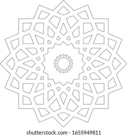 Dibujo CAD en 2D en blanco y negro de un patrón islámico. Los patrones islámicos usan elementos de geometría que se repiten en sus diseños.