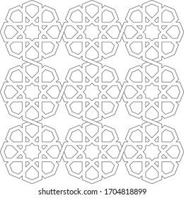 Black and white 2D CAD drawing of Islamic pattern. Islamic patterns use elements of geometry that are repeated in their designs.
