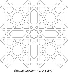 Black and white 2D CAD drawing of Islamic pattern. Islamic patterns use elements of geometry that are repeated in their designs.
