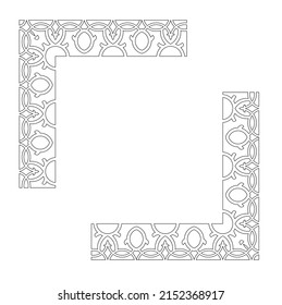 Black and white 2D drawings using CAD based on flora and repetitive patterns. It changes patterns at the corners of the encounter but is continuous. Can be used as a frame for suitable artwork.