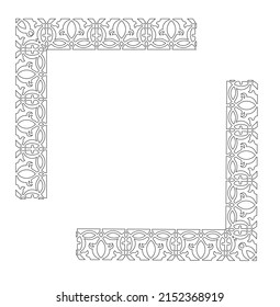 Black and white 2D drawings using CAD based on flora and repetitive patterns. It changes patterns at the corners of the encounter but is continuous. Can be used as a frame for suitable artwork.
