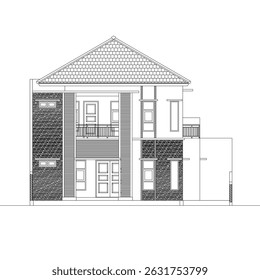 Black white 2D house elevation. Modern 2-story design with textured facade. Perfect for architectural plans.