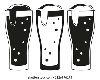 Black and white 3 beer glasses silhouette set. Refreshing drinks for birthday party. Oktoberfest themed vector illustration for icon, sticker, patch, label, badge, certificate or ad banner decoration