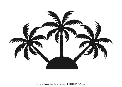 Black and white 3 palm tree on an island silhouette. Vacation tropical island sign. Travel themed vector illustration for icon, logo, label, emblem, postcard or invitation decor