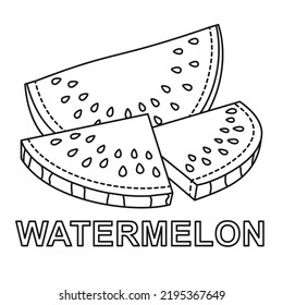 Black and white 3 watermelon slices. Healthy vegan food poster Coloring book page for adult and kids Summer themed vector illustration for icon, stamp, label, badge, sticker or gift card decor