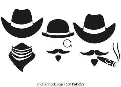 Black and white 3 western cowboy silhouette avatars set. Wild west vector illustration for gift card certificate sticker, badge, sign, stamp, logo, label, icon, poster, patch, banner invitation