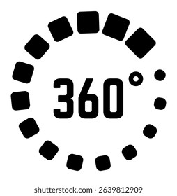 Black and white 360 degree icon featuring square dots creating a rotating circle, representing concepts of virtual reality, loading processes, or complete cycles in technology