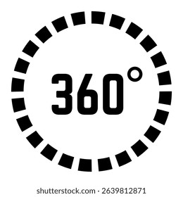 Black and white 360 degrees angle icon representing full rotation, virtual reality, augmented reality, and panoramic view, isolated on white background