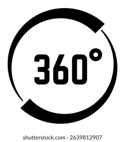 Black and white 360 degrees angle icon representing full rotation, virtual reality, augmented reality, spherical panorama, virtual tour, and innovative technology