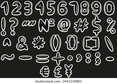 Black and white 3d Bubble Symbols Sticker set isolated black background. Grunge Numbers in air Balloon style. Font template. Vector illustration can used web social media design. EPS 10 