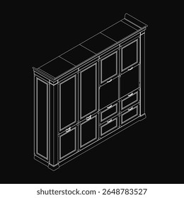 Black and white 3D CAD model of a bookcase with functional drawers, designed for free download. The minimalist closet features clean lines and practical storage compartments.
