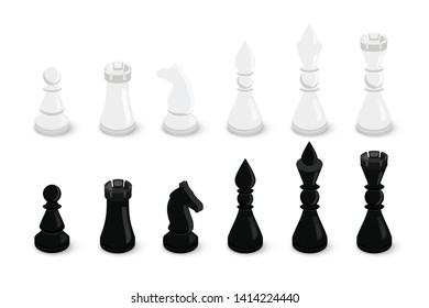 Black and white 3D chess pieces vector set. King, queen, bishop, horse, rook and pawn. Classic intellectual sport, leisure. Tactical game, strategic thinking