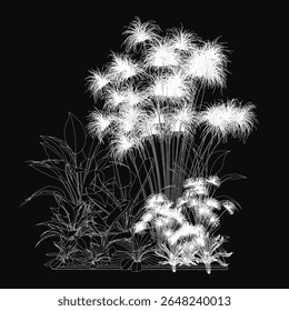 Black and white 3D contour drawing of a delicate plant with white flowers, featuring intricate details and realistic shading. The dark background enhances the elegant silhouette, creating a striking.