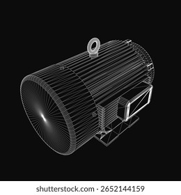 Un dibujo de contorno en 3D en blanco y negro de un motor eléctrico con componentes detallados, aislado sobre un fondo oscuro. La ilustración técnica destaca la estructura mecánica del motor, incluyendo.