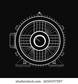 Um desenho de contorno 3D preto e branco de um motor elétrico com componentes detalhados, isolado em um fundo escuro. A ilustração técnica destaca a estrutura mecânica do motor